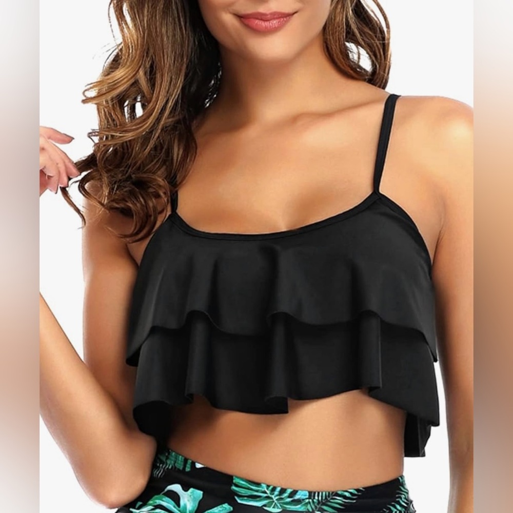 Tempt Me ruffled bikini swim top for women black size L. New with tags